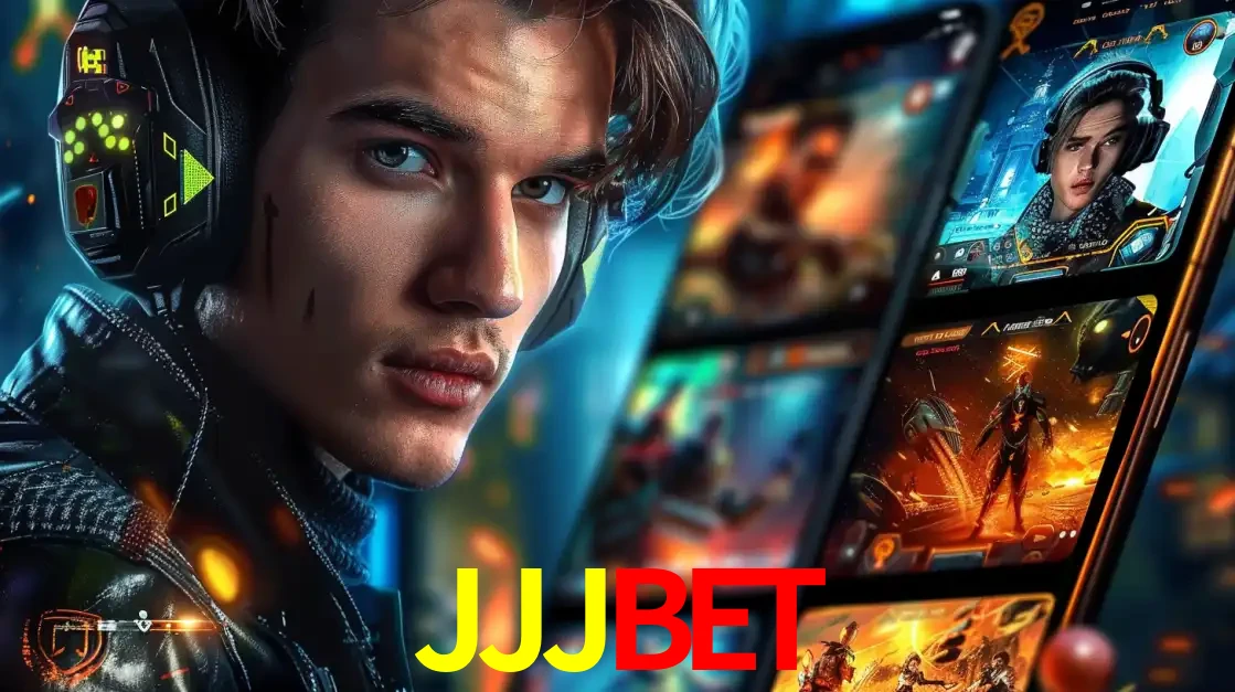 Jovem jogador com fones de ouvido olhando para a câmera, com um aplicativo de jogos e e-sports para celular ao fundo, pronto para a competição e apostas no JJJBET.