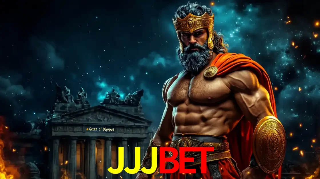 O poderoso Zeus do jogo de slot Gates of Olympus em frente ao seu templo, pronto para lançar multiplicadores divinos e prêmios épicos no cassino online JJJBET.