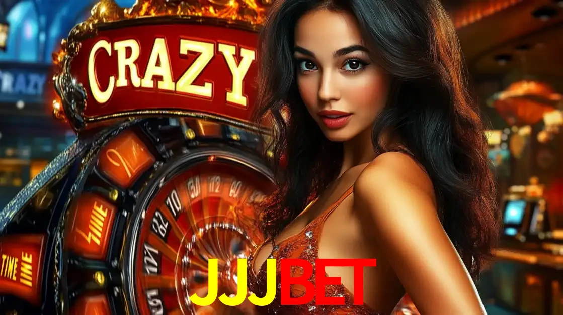 Mulher glamourosa olhando para a câmera com a roda vermelha do Crazy Time ao fundo em um ambiente de cassino, destacando a emoção dos jogos ao vivo no JJJBET.