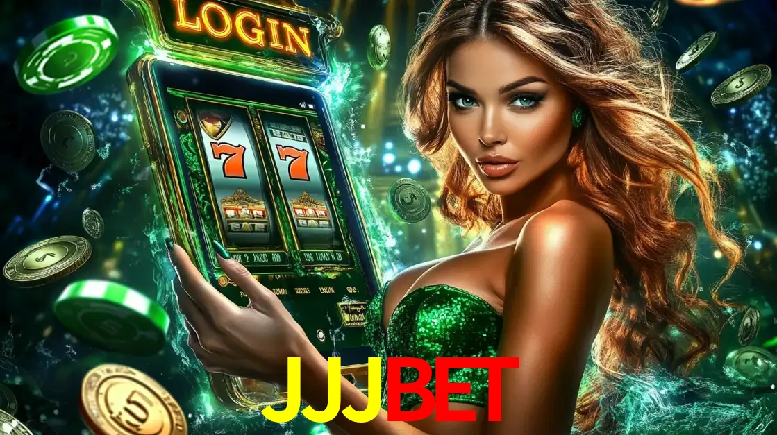 Mulher com tema verde apresentando o aplicativo do cassino JJJBET com um jogo de slot de 777, cercada por fichas de cassino e uma aura de sorte.