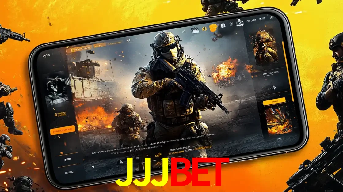 Um smartphone exibindo a interface de um jogo de tiro em primeira pessoa, com um soldado em um cenário de batalha, representando a ação dos e-sports para apostar no JJJBET.