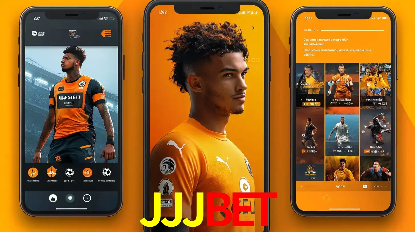 Interface do aplicativo de apostas esportivas JJJBET em três telas de celular, mostrando o perfil de um jogador de futebol e a lista de jogos disponíveis para apostar.