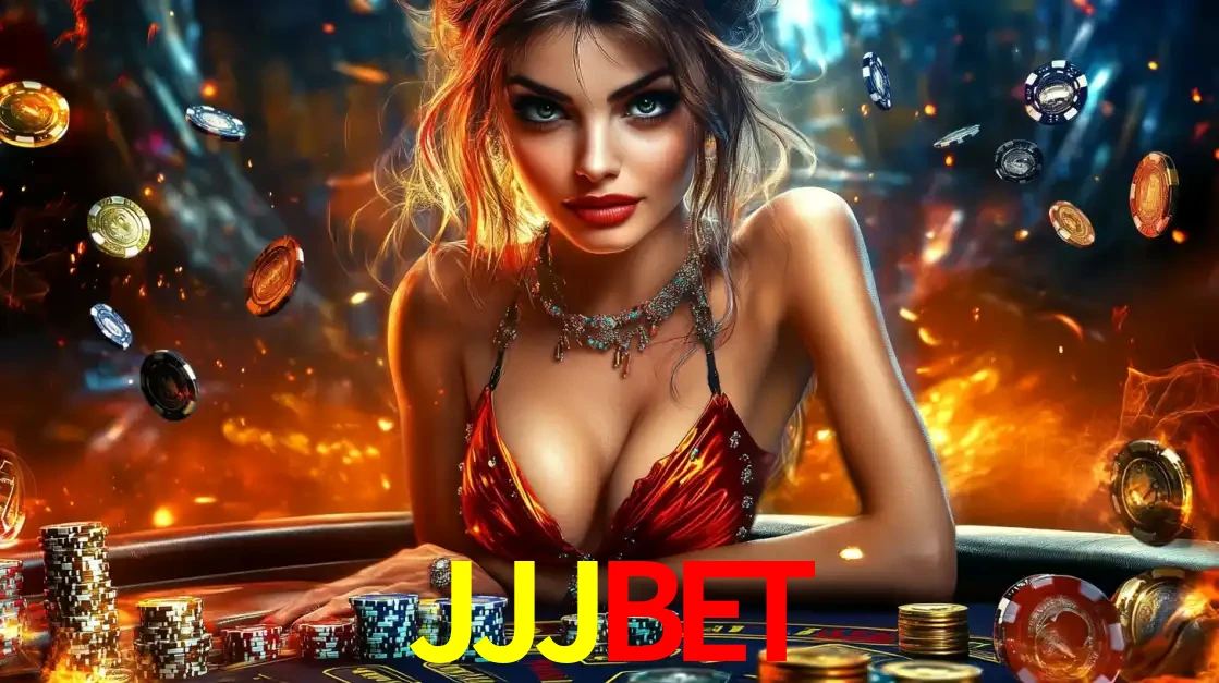 Mulher em uma mesa de cassino com pilhas de fichas e um fundo de fogo, pronta para uma rodada de altas apostas nos jogos de mesa emocionantes do cassino JJJBET.