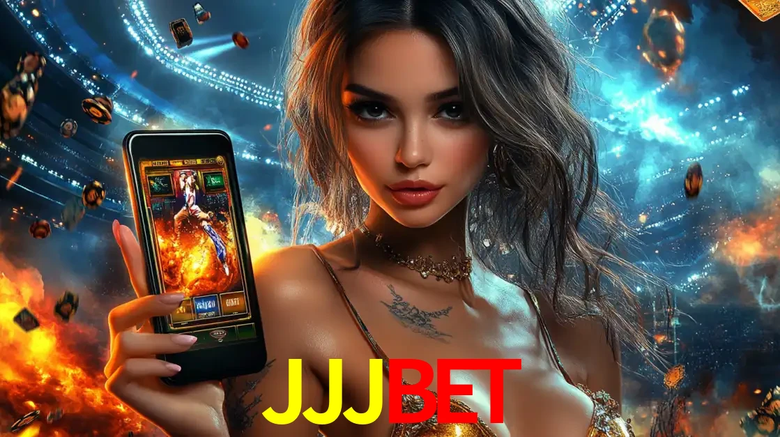 Mulher segurando um celular com um jogo de slot em destaque, tendo como fundo um estádio vibrante, simbolizando a emoção de jogar no cassino móvel JJJBET.