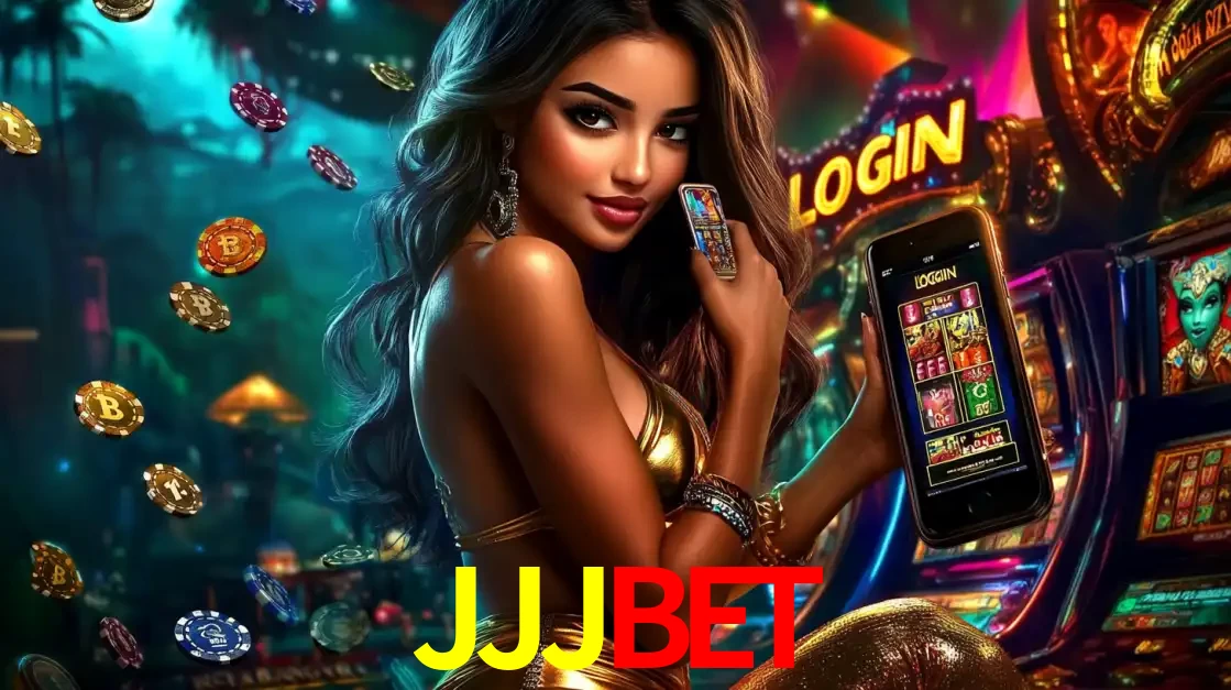 Mulher em um cenário de cassino temático de aventura, mostrando o app de caça-níqueis da JJJBET no celular. Fichas de apostas flutuam ao redor.