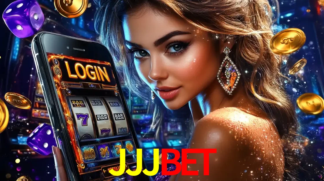 Mulher glamorosa segurando um smartphone com a tela de login para os jogos de caça-níqueis do cassino online JJJBET, com moedas de ouro e dados ao redor.
