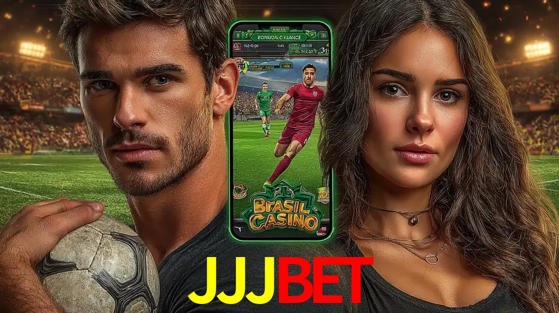 Homem segurando uma bola de futebol e uma mulher ao lado de um smartphone exibindo o jogo de apostas esportivas da JJJBET. Faça seu palpite no cassino online.